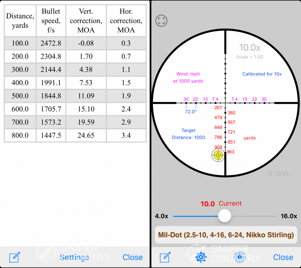 iStrelok Range Card and Reticle
