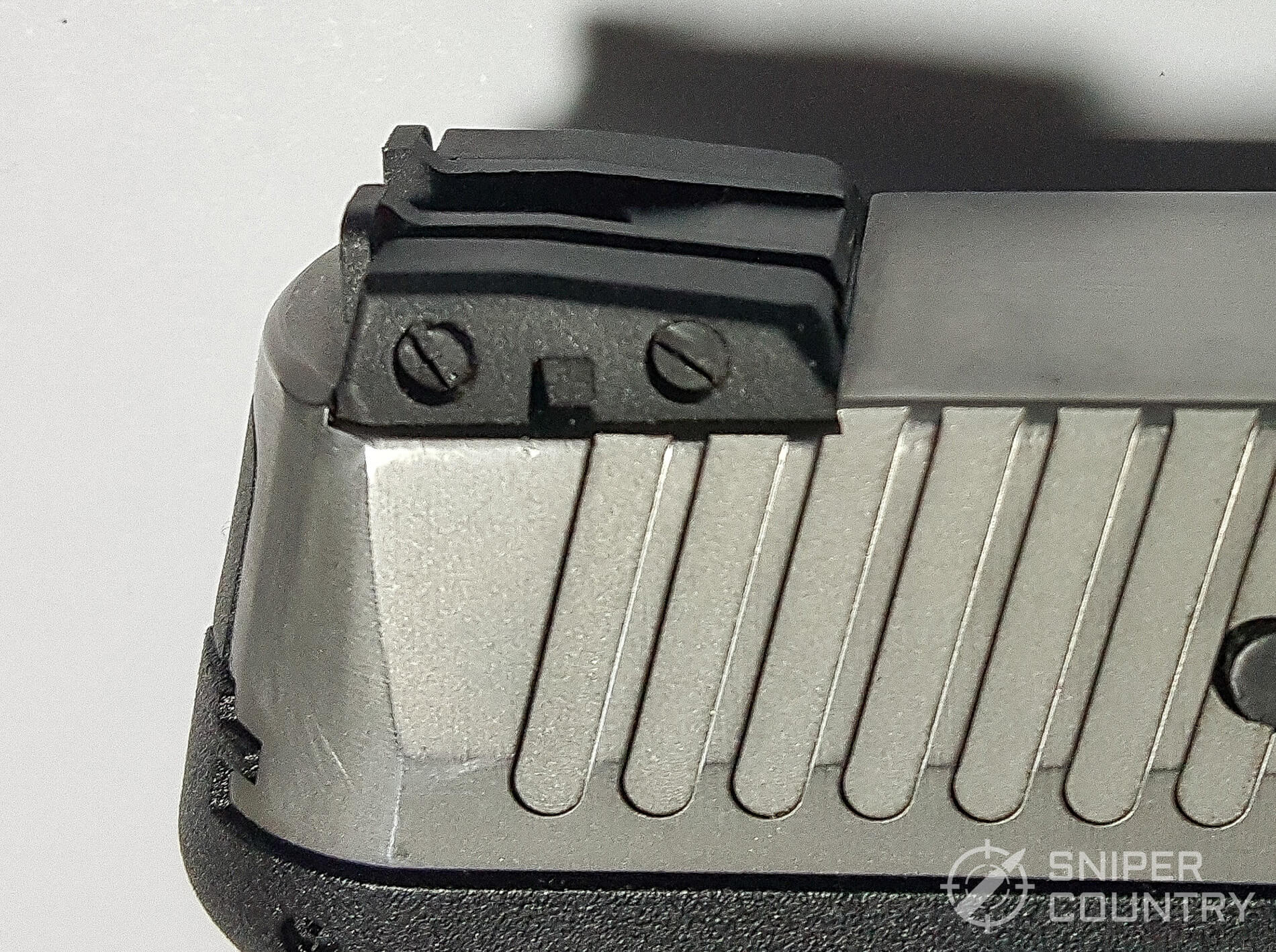 Rear sight adjustment screws: elevation (L); windage (R)