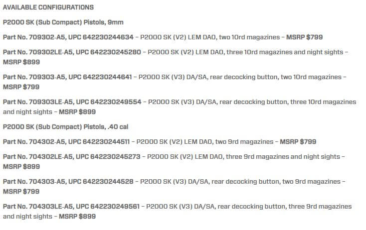 available HK P2000SK configurations