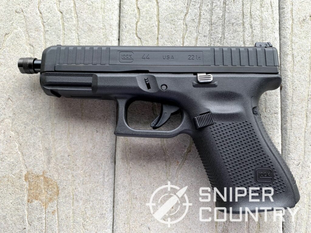 The Glock 44, shown with the optional factory threaded barrel.
