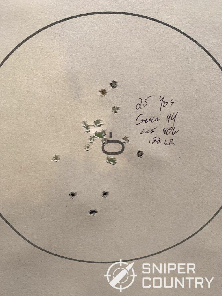 A respectable target shot at 25 yards, using CCI Standard Velocity 40 grain ammunition.