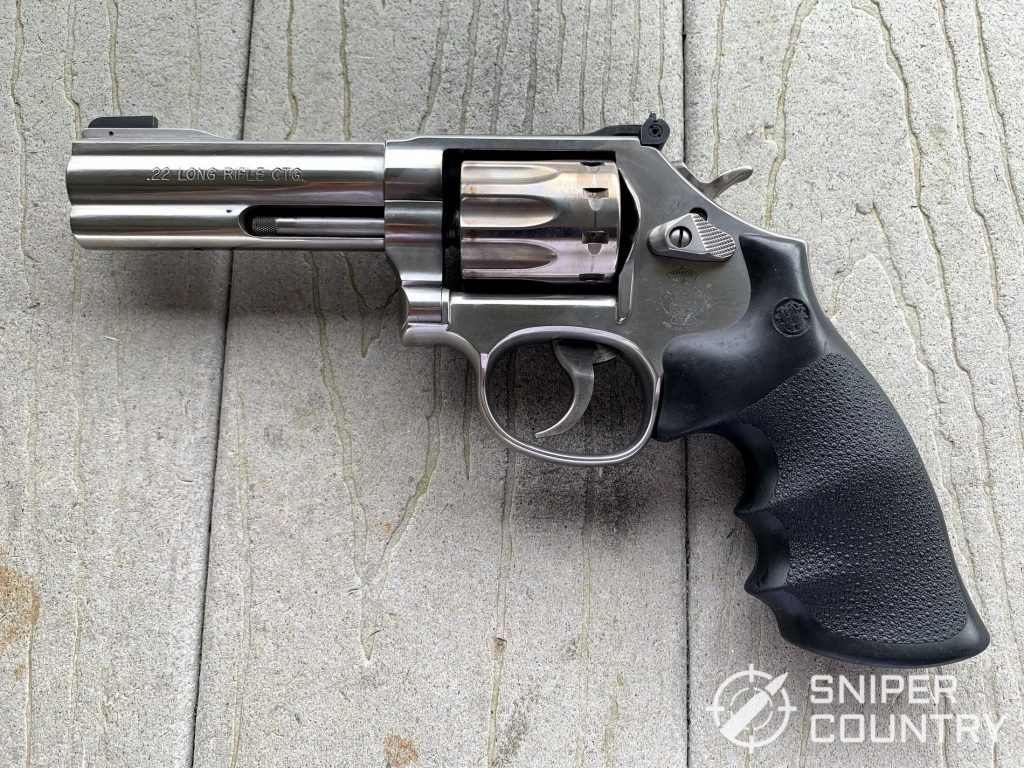 The Smith & Wesson Model 617 in profile. Wearing a 4â€ barrel and full target sights, this gun cuts an attractive silhouette.