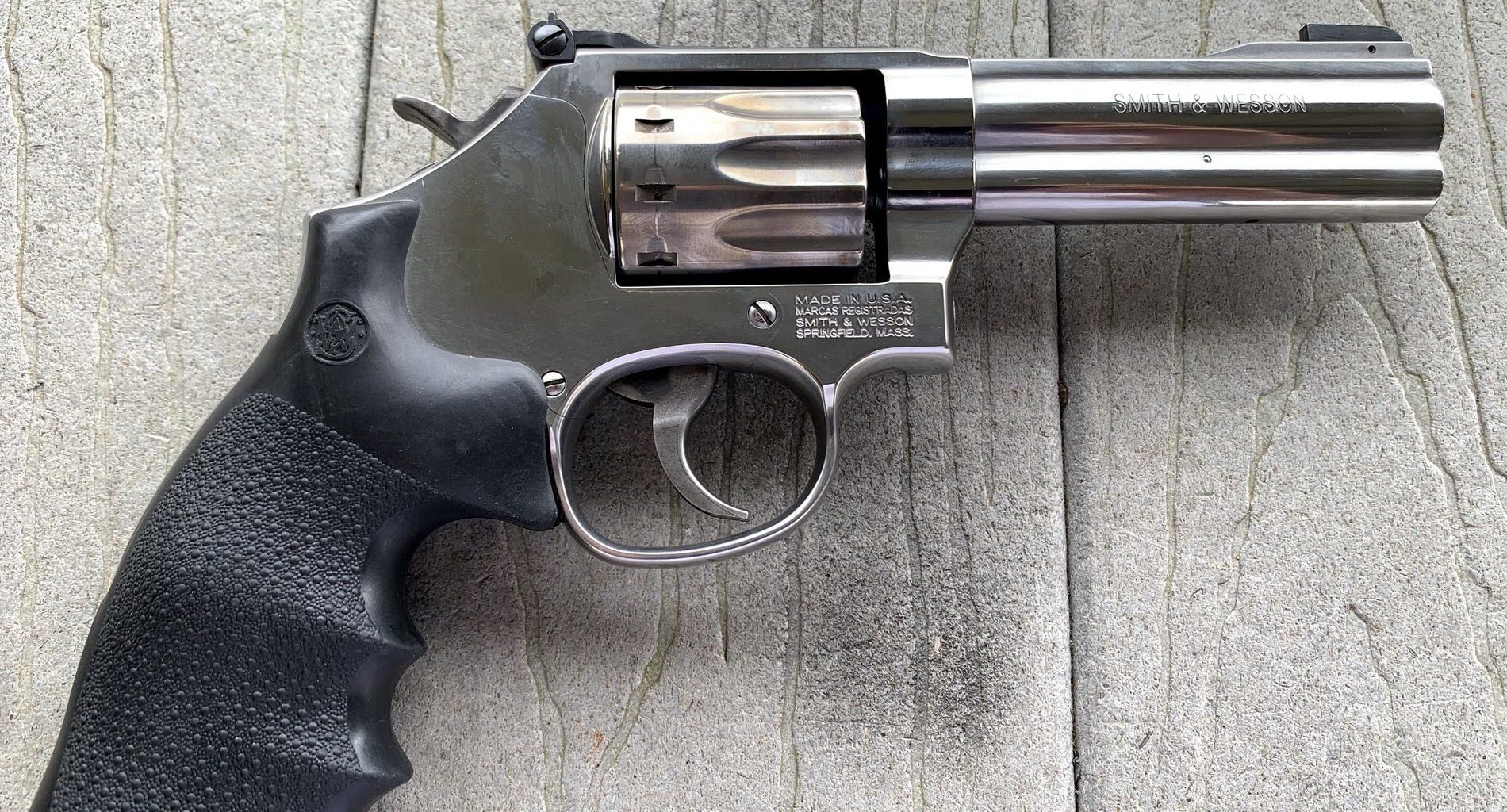 The right side of the Smith & Wesson Model 617. Note the windage adjustment screw for the fully adjustable rear sight.