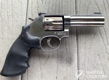 The right side of the Smith & Wesson Model 617. Note the windage adjustment screw for the fully adjustable rear sight.
