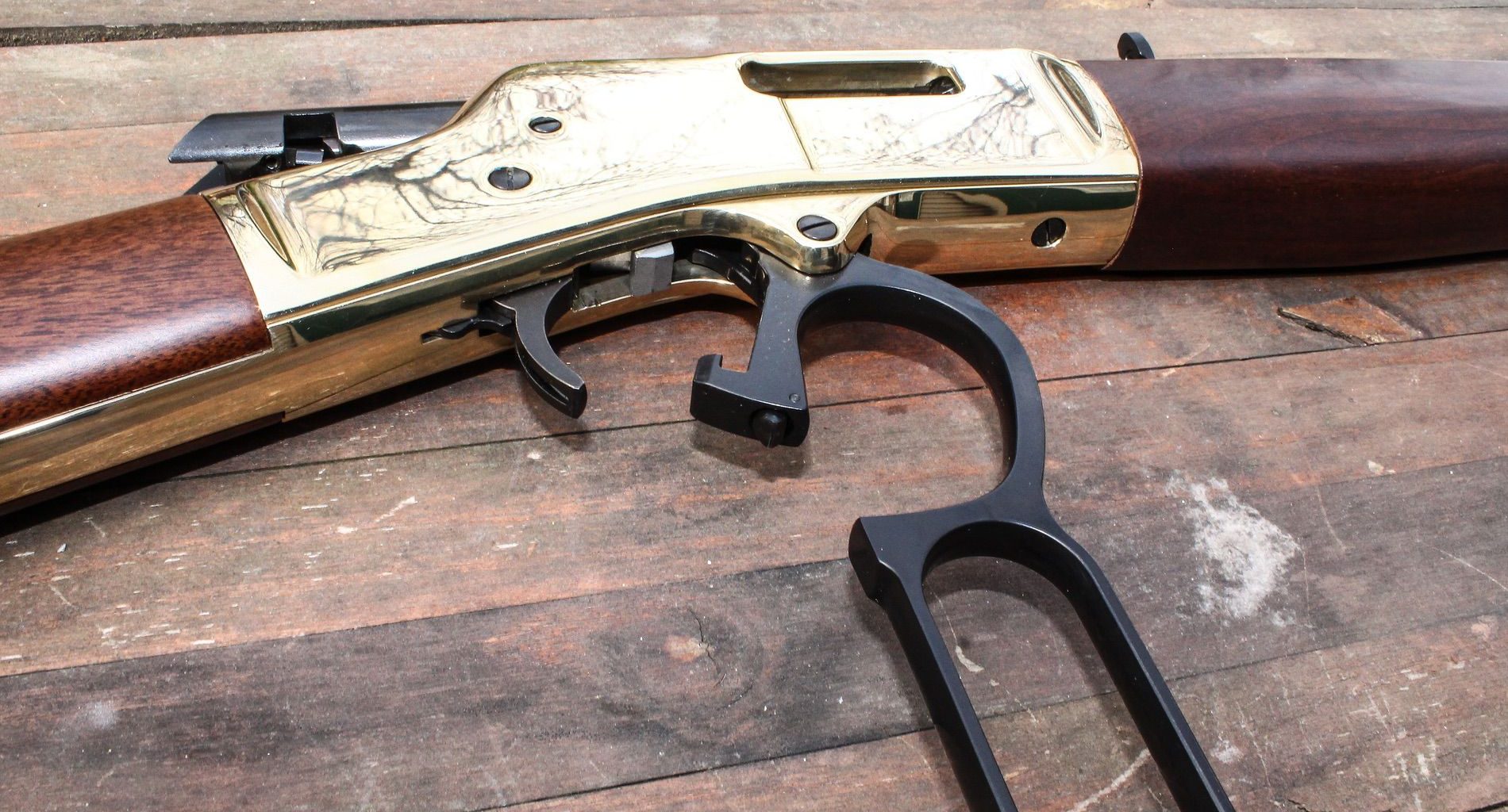 Close up show of the Henry Big Boy .44 Magnum rifle showing its action open