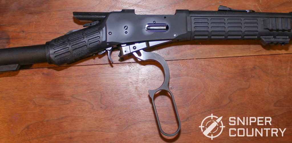 Shot of the Mossberg 464 SPX with the action open