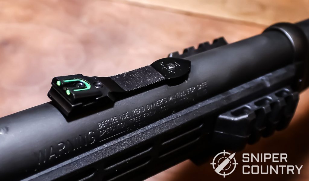 Close up shot of the Mossberg 464 SPX rear sight