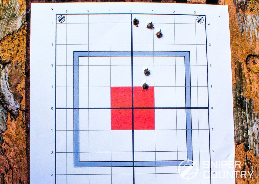Close up of a Sniper Country target shot by the Mossberg 464 SPX using Remington 150-grain Express Cor-Lokt rounds