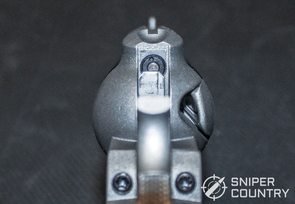 Close up of the Ruger Wrangler 22LR rear sight transfer bar