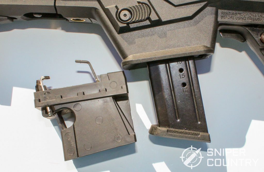Close up shot of the Ruger Charger magazine and Glock adapter