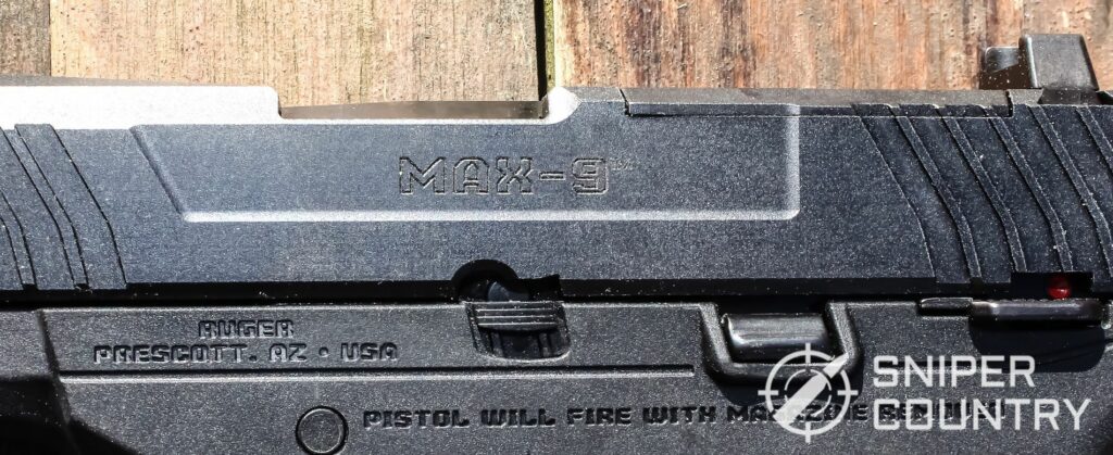 A close up of the engraving on the new Ruger 9-Max pistol
