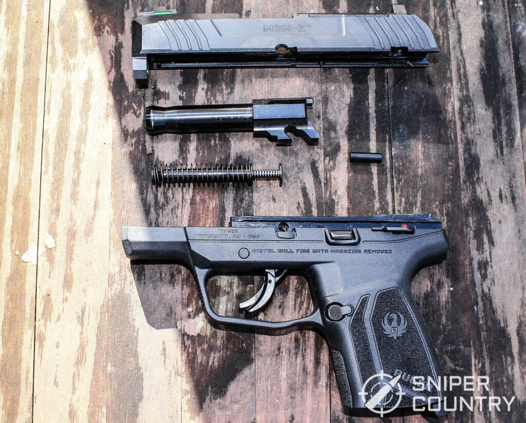 Close up of the new Ruger Max-9 field stripped showing all its internal components