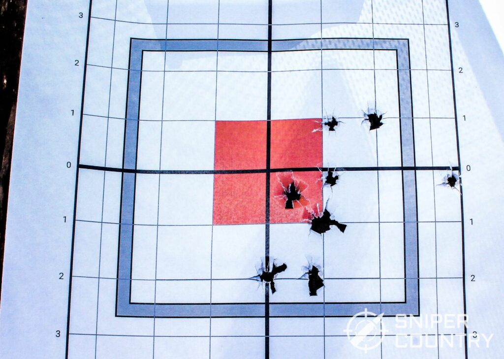 A target shot with the new Ruger MAX-9 using Fiocchi's Training Dynamics 115-grain FMJ