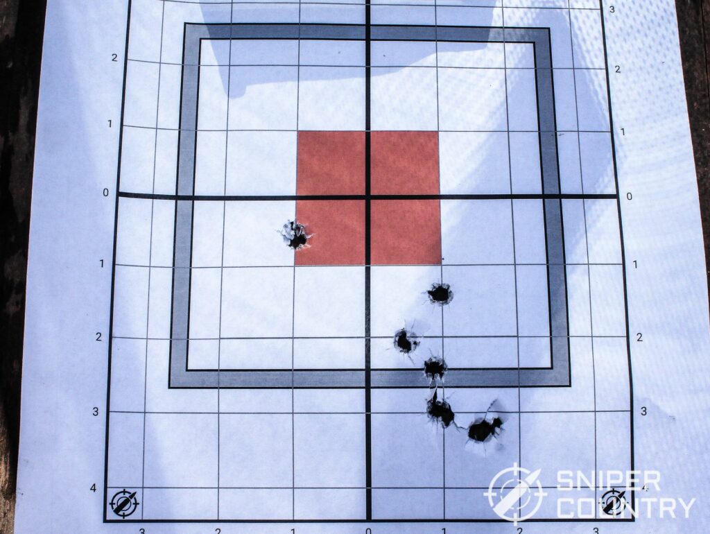 A target shot with the new Ruger MAX-9 handgun using Lee 124-grain RN bullet atop 4.8 grains of Long Shot powder