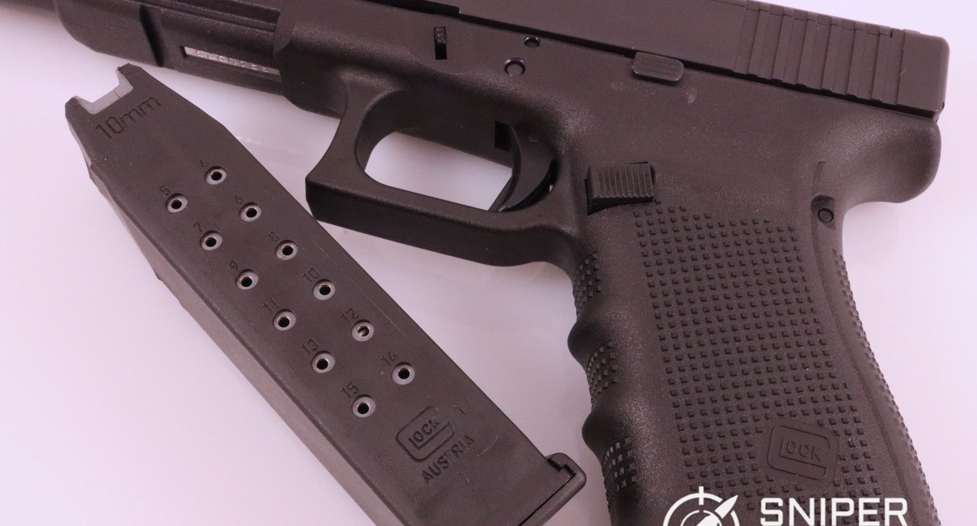The standard capacity Glock 40 magazine holds 15 rounds, with a 16th round in the chamber.