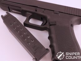 The standard capacity Glock 40 magazine holds 15 rounds, with a 16th round in the chamber.