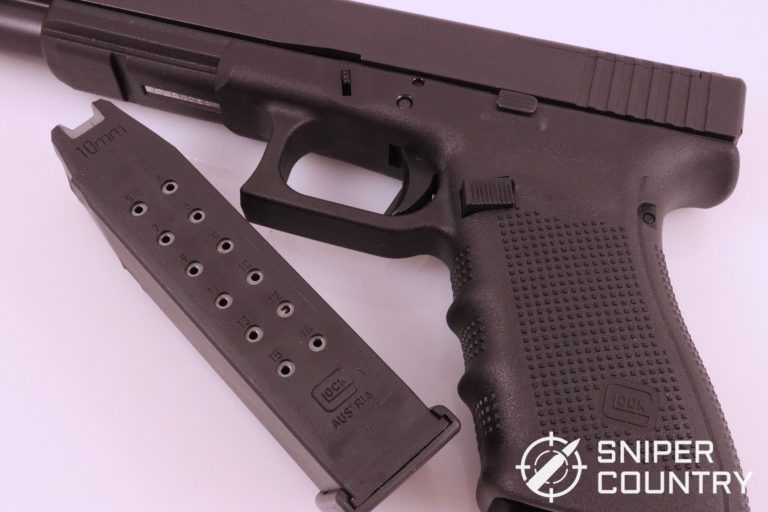 The standard capacity Glock 40 magazine holds 15 rounds, with a 16th round in the chamber.