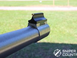 The business end of the Ruger 10:22 Takedown’s barrel, showing the dovetailed front sight. The brass dot provides a clear sight picture