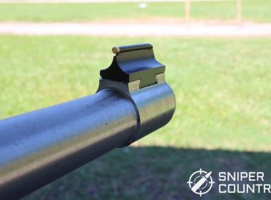 The business end of the Ruger 10:22 Takedown’s barrel, showing the dovetailed front sight. The brass dot provides a clear sight picture