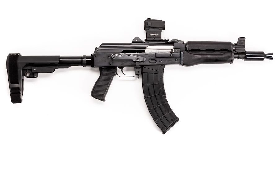 ZPAP92: 7.62x39 AK Pistol Review ZPAP92 with a red dot sight and stabilizing brace