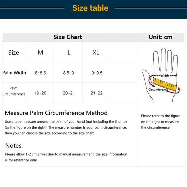 Tactical Half Finger Gloves Size Table