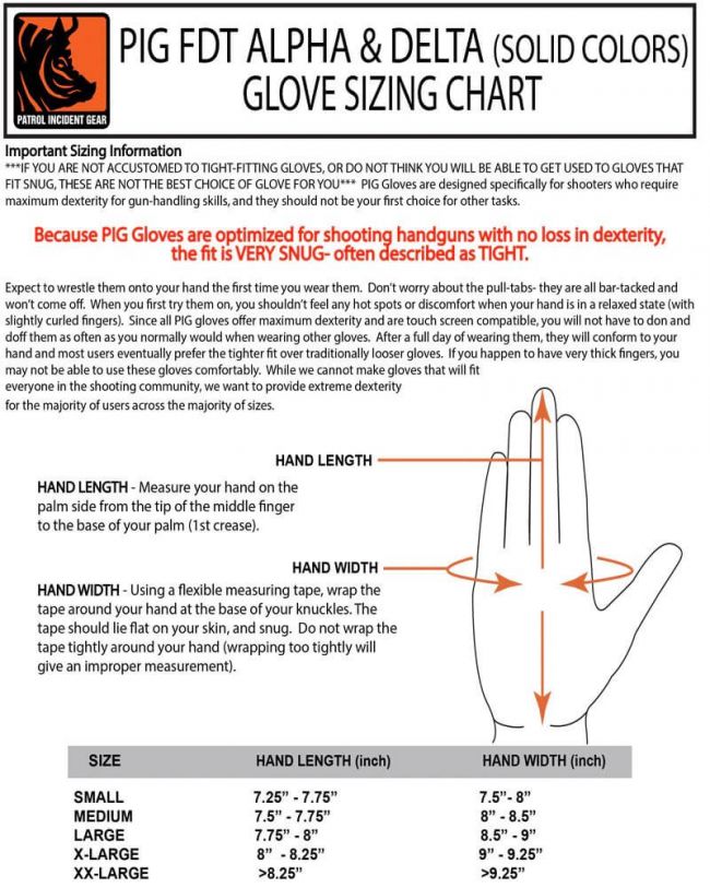 PIG Tactical Charlie and Echo Sizing Chart for Men