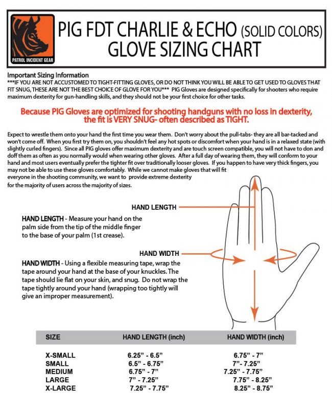 PIG Tactical Charlie and Echo Sizing Chart for Women