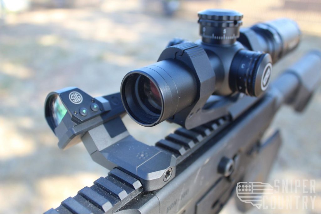 ar 15 scopes Arisaka offset mount with a Sig Sauer Romo 1 in front of a Bushnell AR 1-4x LPVO