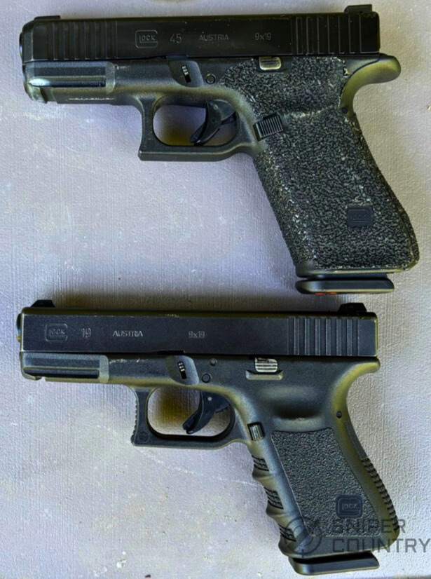 Glock 45 and Glock 19 9mm pistols next to each other for size comparison.